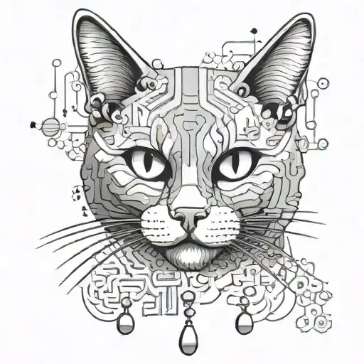 A black and grey Japanese cat mural featuring chemical compounds hidden within the design tattoo design idea
