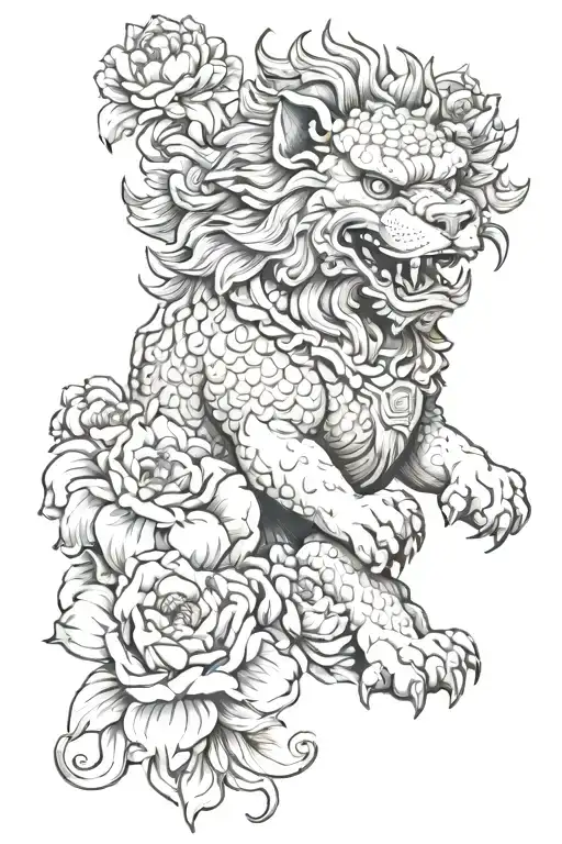 foo dog holding cub surrounded by peonies flower tattoo tattoo design idea