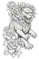 foo dog holding cub surrounded by peonies flower tattoo tattoo design idea