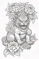 foo dog holding cub surrounded by peonies flower tattoo tattoo design idea