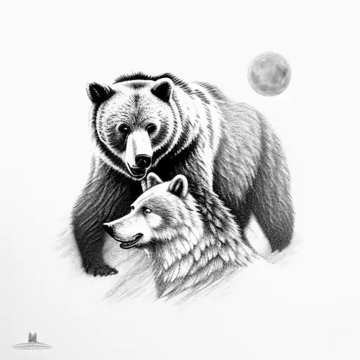 A bear and a wolf in an epic battle, depicted in black and grey realism tattoo design idea