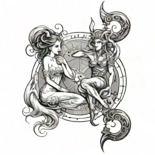 Sketch of a couple tattoo: combining the zodiac signs Capricorn and Libra tattoo design idea