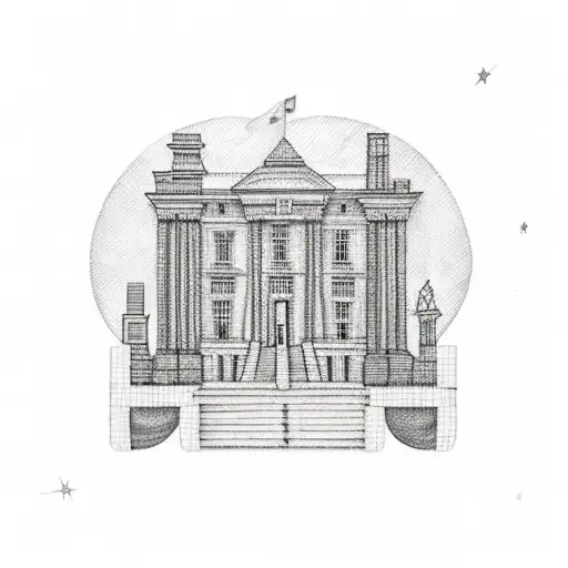 An abstract representation of a courthouse made up of intricate vaginal symbols tattoo design idea