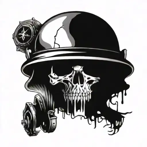 A stylized depiction of a fallen soldier's helmet with a skull inside tattoo design idea