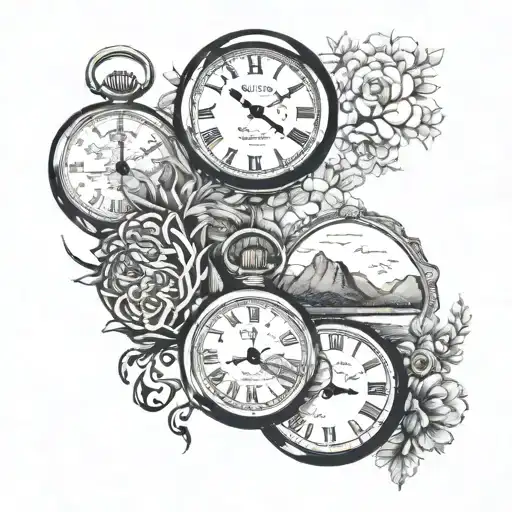 Incorporate a fob watch into a tattoo design inspired by the landscapes of South Africa and New Zealand, including the names Brody, Bailey, and Demi tattoo design idea