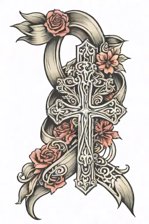 cross with suscide awareness ribbon wrapped tattoo design idea