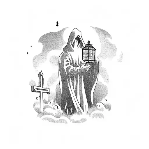 A graveyard scene with a mysterious figure wearing a black cloak and holding a lantern tattoo design idea
