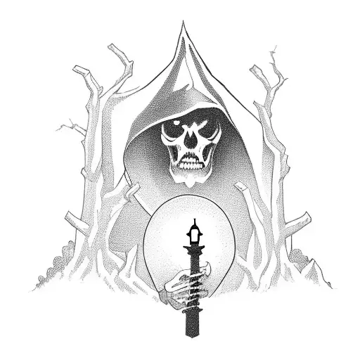 A graveyard scene with a mysterious figure wearing a black cloak and holding a lantern tattoo design idea