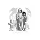 A graveyard scene with a mysterious figure wearing a black cloak and holding a lantern tattoo design idea