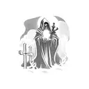 A graveyard scene with a mysterious figure wearing a black cloak and holding a lantern tattoo design idea