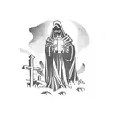 A graveyard scene with a mysterious figure wearing a black cloak and holding a lantern tattoo design idea