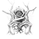 A skeletal hand emerging from the ground, holding a wilted black rose tattoo design idea