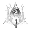 A graveyard scene with a mysterious figure wearing a black cloak and holding a lantern tattoo design idea