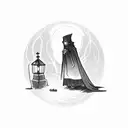 A graveyard scene with a mysterious figure wearing a black cloak and holding a lantern tattoo design idea