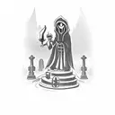 A graveyard scene with a mysterious figure wearing a black cloak and holding a lantern tattoo design idea