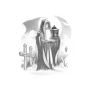 A graveyard scene with a mysterious figure wearing a black cloak and holding a lantern tattoo design idea