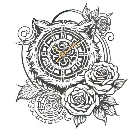 tiger with a clock behind and a rose with thorns in front tattoo design idea