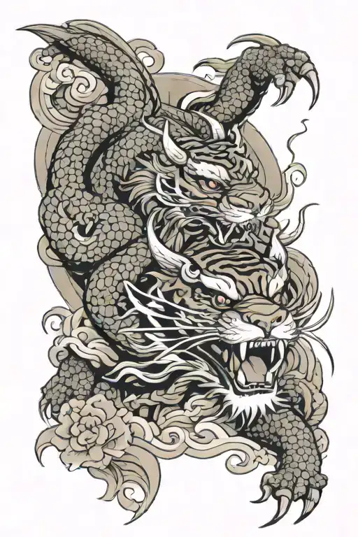 dragon flying and tiger head tattoo holding tattoo design idea