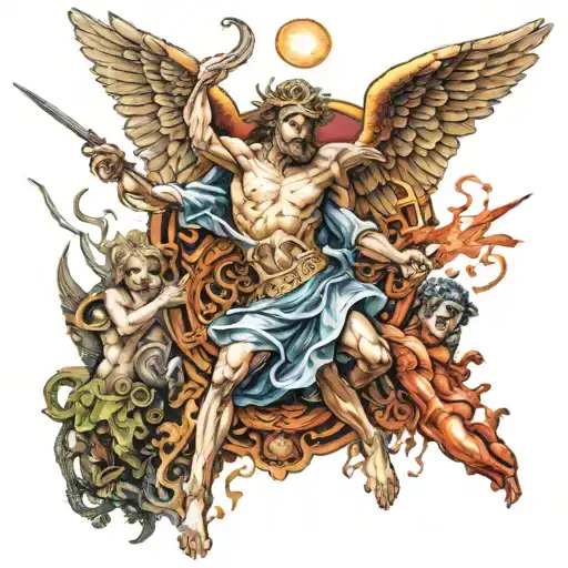 angel archangel michael killing lucifer eating sinners heaven tattoo design idea
