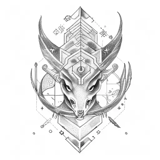 Zodiac Fusion: Create a tattoo that depicts a hybrid creature representing the traits of Sagittarius, Pisces, Virgo, and Capricorn. tattoo design idea