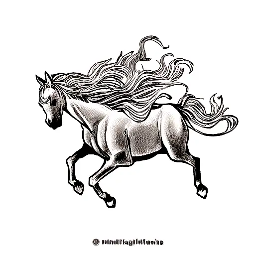 A realistic horse galloping through a mountain range with musical notes flowing from its mane tattoo design idea