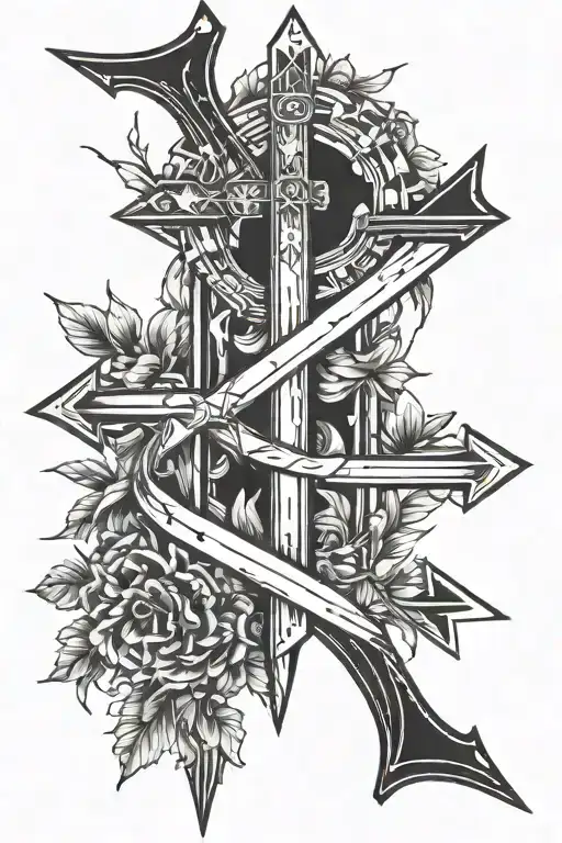 a lot of black representing strength and faith in christ and self growth with arrow going down with a cross incorparated tattoo design idea