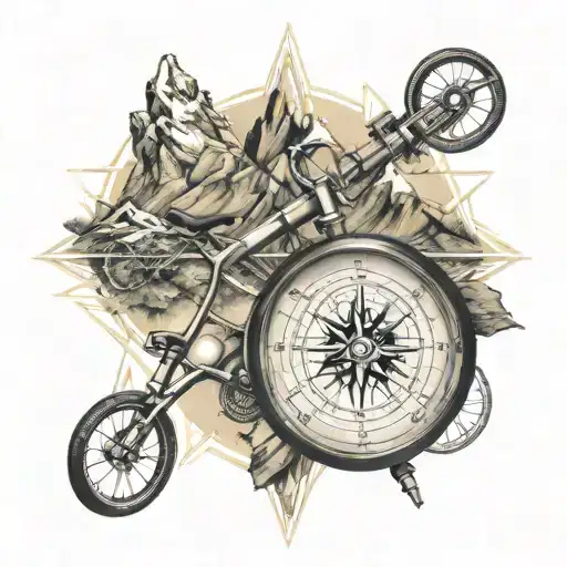 Bikes, mountains and compass surrounded tattoo design idea