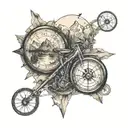 Bikes, mountains and compass surrounded tattoo design idea