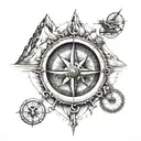 Bikes, mountains and compass surrounded tattoo design idea