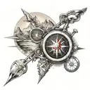 Bikes, mountains and compass surrounded tattoo design idea