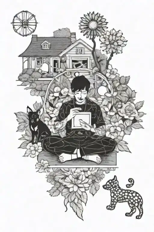 An accountant meditating in a garden filled with images of dogs, cars, bikes, and women tattoo design idea