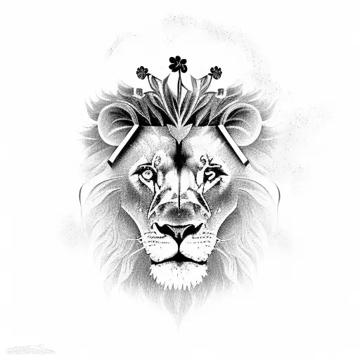 A black and grey portrait of a lion wearing a four-leaf clover crown tattoo design idea