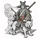 samurai with dog at his side tattoo design idea
