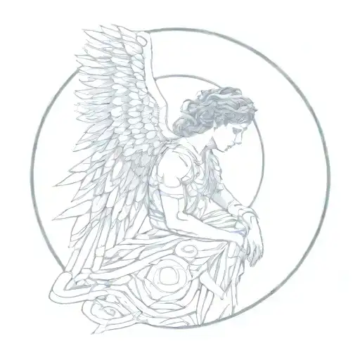 The angel looks into the distance behind him, a circle tattoo design idea