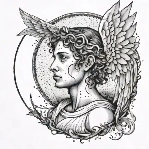 The angel not face  looks into the distance behind him, a circle tattoo design idea