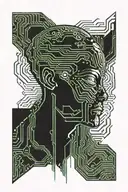 alien face, ufo abducting human, circuit board patterns tattoo design idea