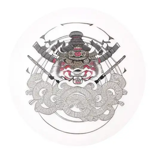 Samurai, geisha, shrine tattoo design idea