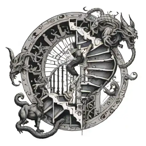 a boy climbing a spiral staircase with demons flying tattoo design idea
