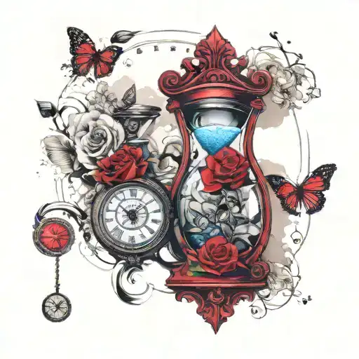 sand  hour glass with flowers and pocket watch  tattoo design idea