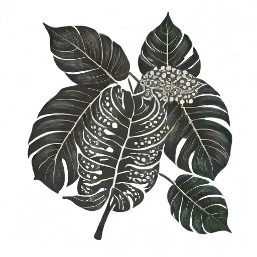 A crescent moon made up of intricate monstera leaf patterns tattoo design idea