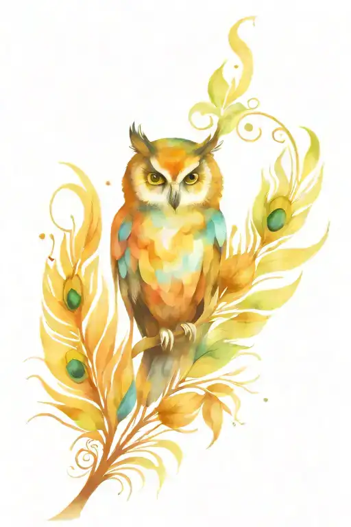 owl peacock feather intertwined tattoo design idea