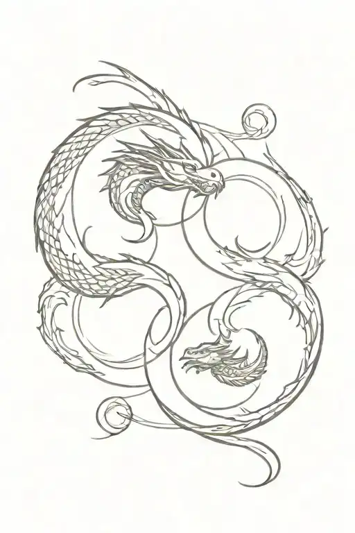 two simple dragons intertwined symbolising yin yang with moon phases tattoo design idea