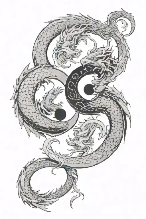 two dragons intertwined symbolising yin yang with moon phases tattoo design idea