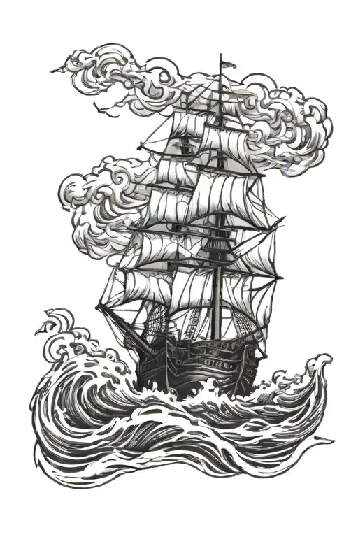 pirate ship sailng through stormy weather and rough seas being attacked by a sea monster tattoo design idea