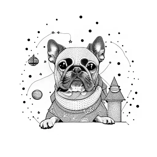 A dotwork tattoo of a dog sitting on a stack of astrology books, with a starry background tattoo design idea