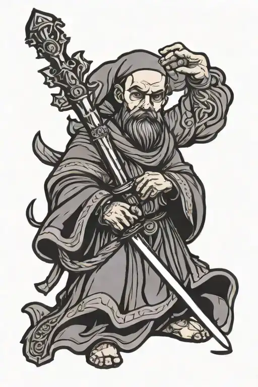 design an orthodox Bulgarian monk holding a torch and a sword tattoo design idea