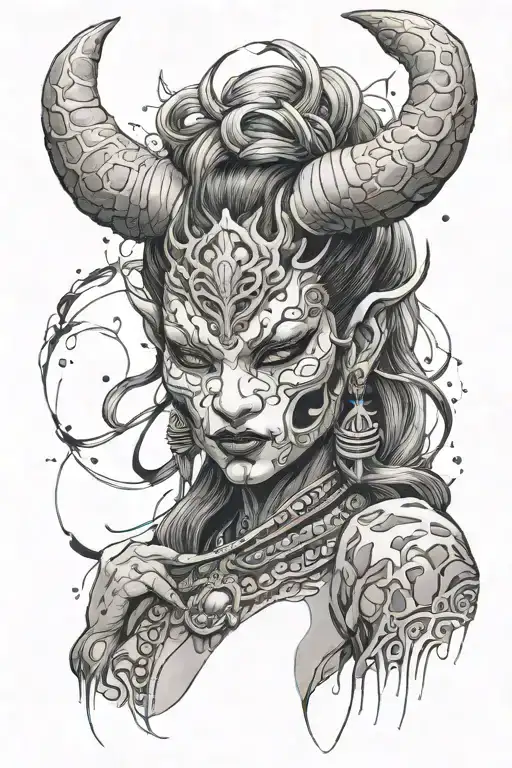 an oni woman pulling off a mask of a beautiful woman. the oni is also a gorgeous woman with horns & katana tattoo design idea
