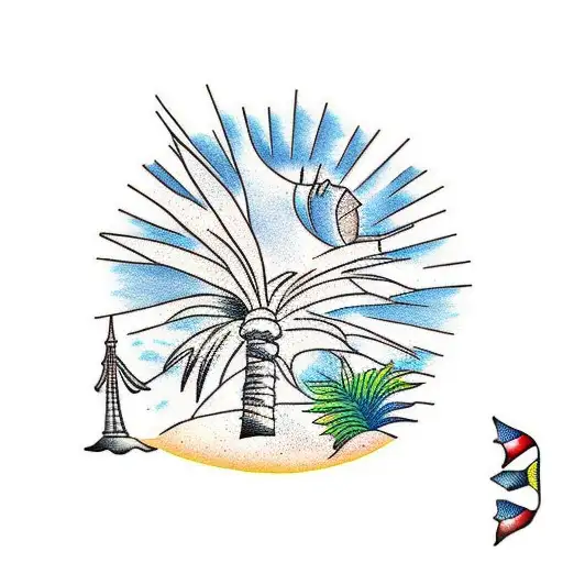 desert island under a sun with a palm tree and 3 coconuts tattoo design idea