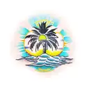 desert island under a sun with a palm tree and 3 coconuts tattoo design idea