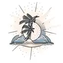desert island under a sun with a palm tree and 3 coconuts tattoo design idea